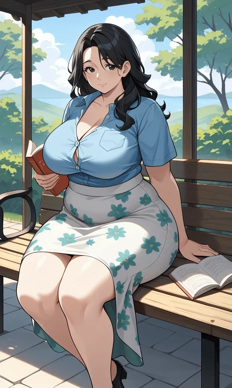 Anime-style woman with dark hair, a blue blouse and a floral skirt seated on a garden bench.
