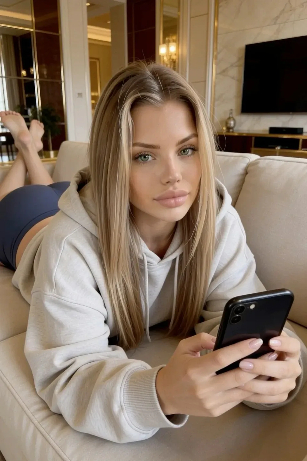 Illustrated blonde woman in a cream hoodie holding a smartphone on a sofa.